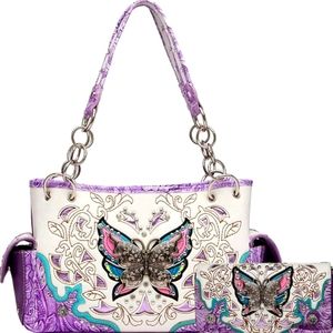 Cowgirl Trendy Purple Butterfly Flower Rhinestone Purse And Wallet Set